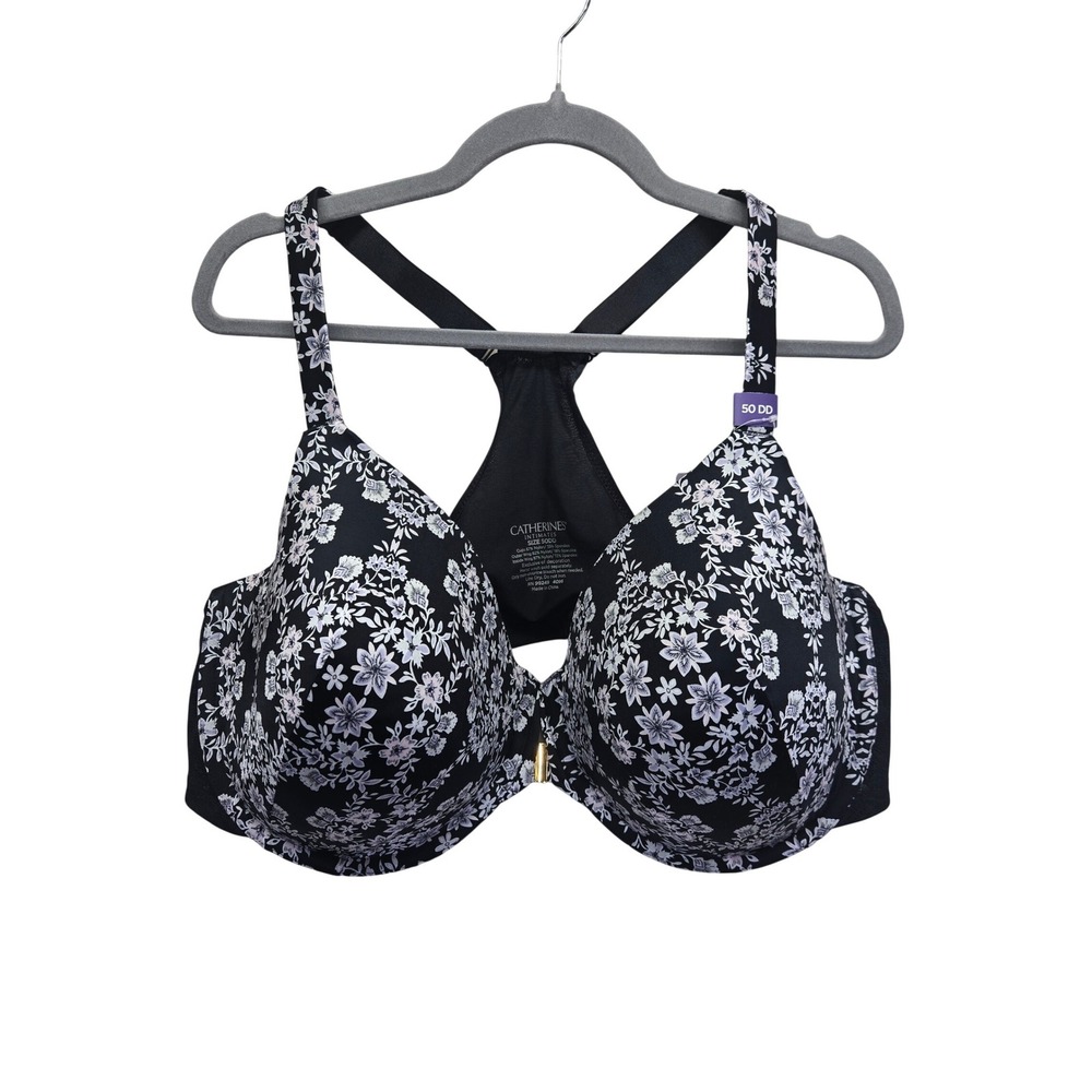 NWT Catherines Front-Close Underwire T-Shirt Bra Black Floral 50DD‎ Racerback